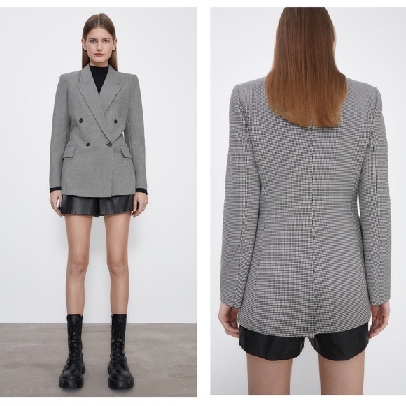 Zara Double breasted Checked Blazer Black White M - Picture 4 of 11